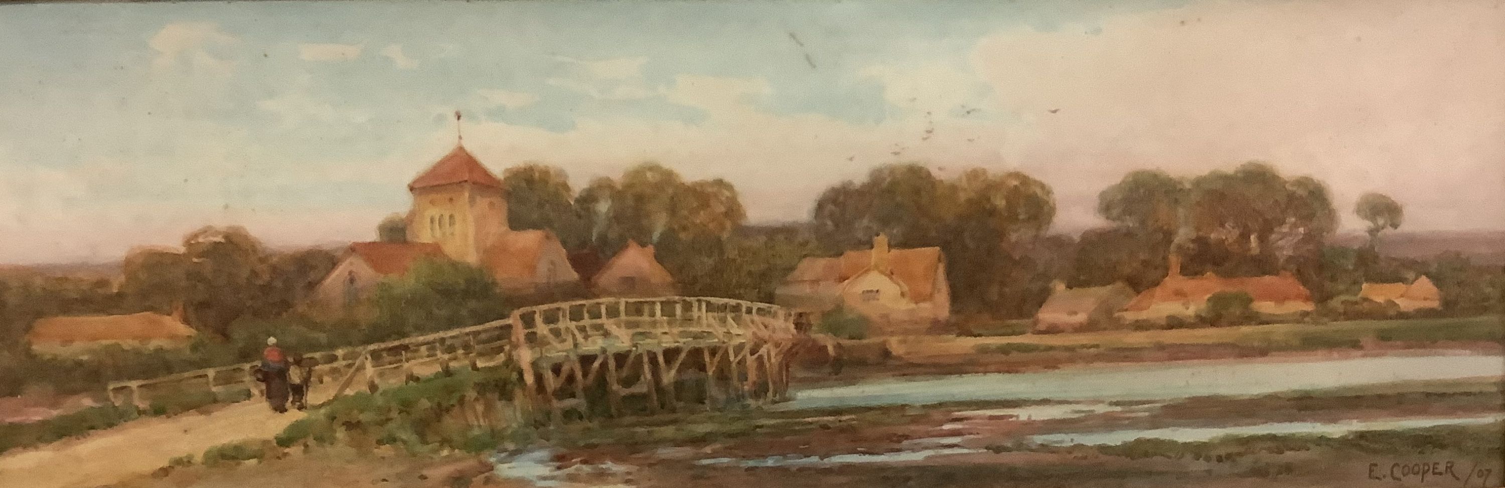 E. Cooper, set of four watercolours, A Sussex Village, Old Shoreham Bridge, September Evening, Ryde and A Sussex Village Evening, signed and dated 1909, 90 x 54cm
